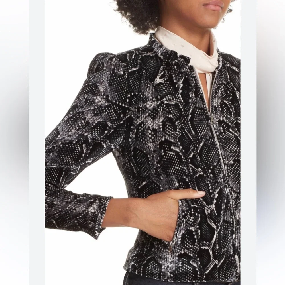 Rebecca Taylor Python Snake Print Velvet Jacket Black White Silk Blend Sz L